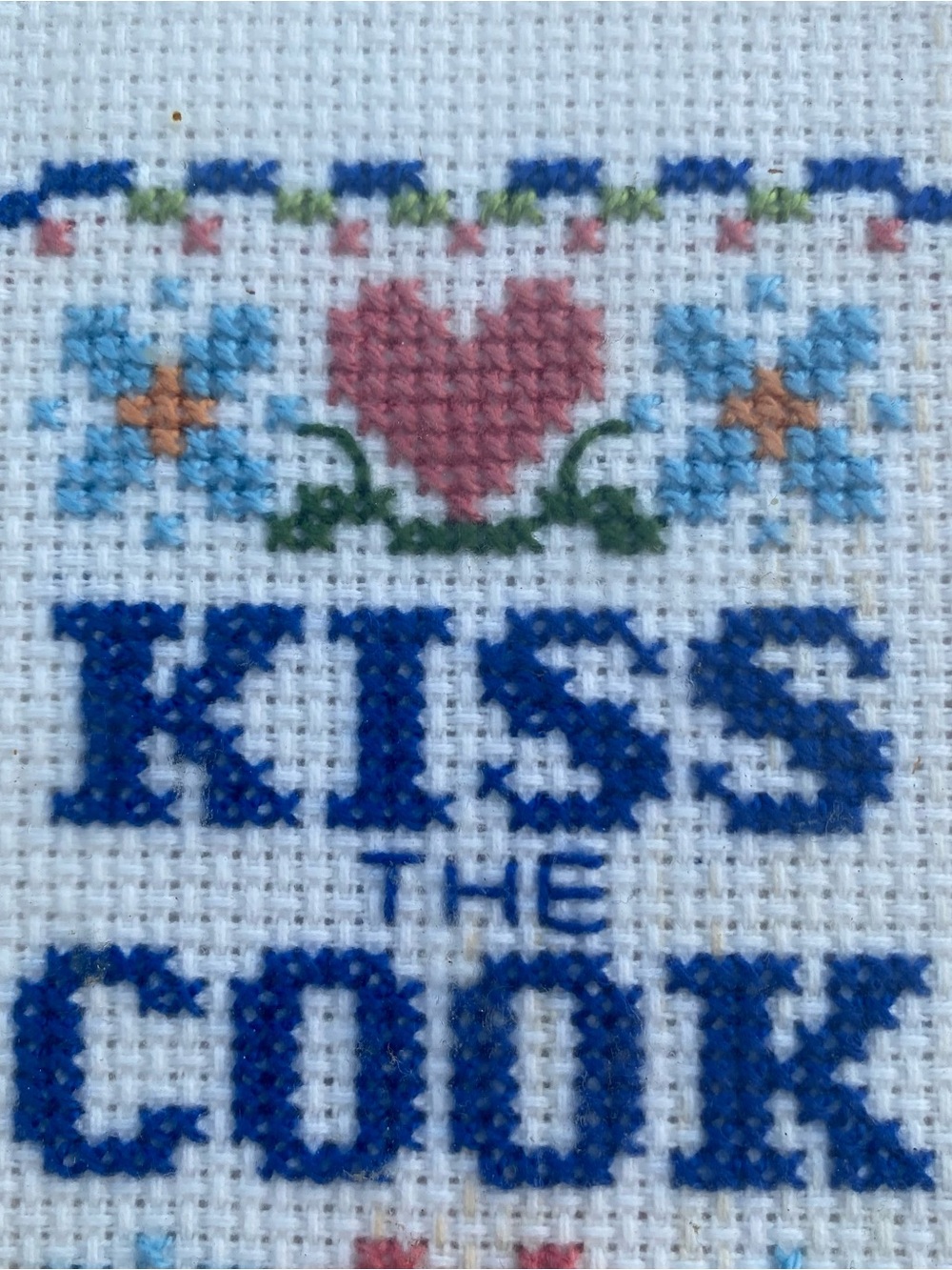 Kiss The Cook Cross Stitch Wall Art - Blue and Pink - Picture 3 of 11
